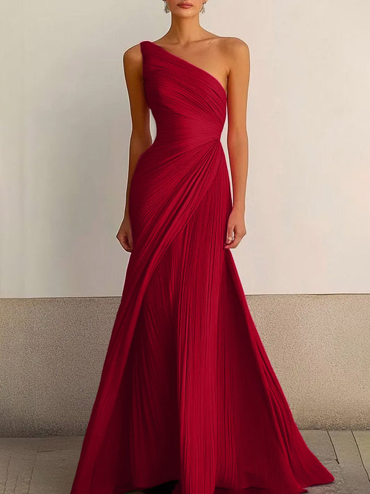 Elegant One-Shoulder Pleated Maxi Dress