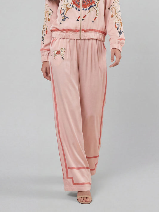 Exquisite Satin Horse Print Wide-Leg Pants