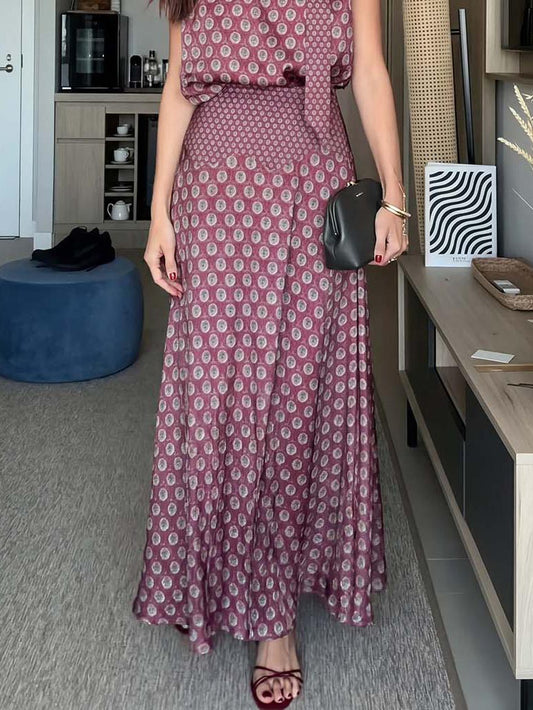 Retro Print Scarf Neck Top & Flowing Maxi Skirt Two-Piece Set