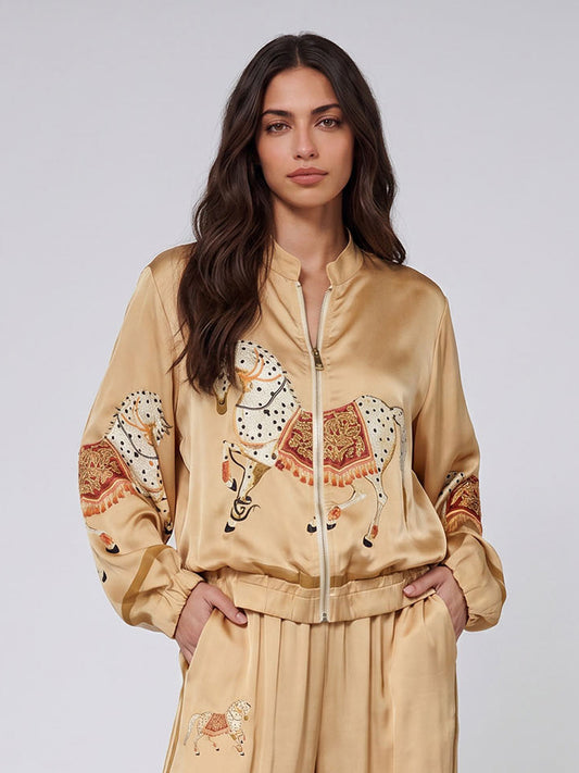 Exquisite Satin Horse Print Zip Jacket & Wide-Leg Pants Two-Piece Set
