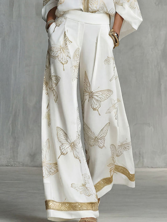 Elegant Butterfly Print Zip-Up Top & Wide Leg Pants Set