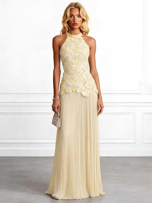 Elegant Halter Neck 3D Floral Appliqué Ruched Maxi Dress