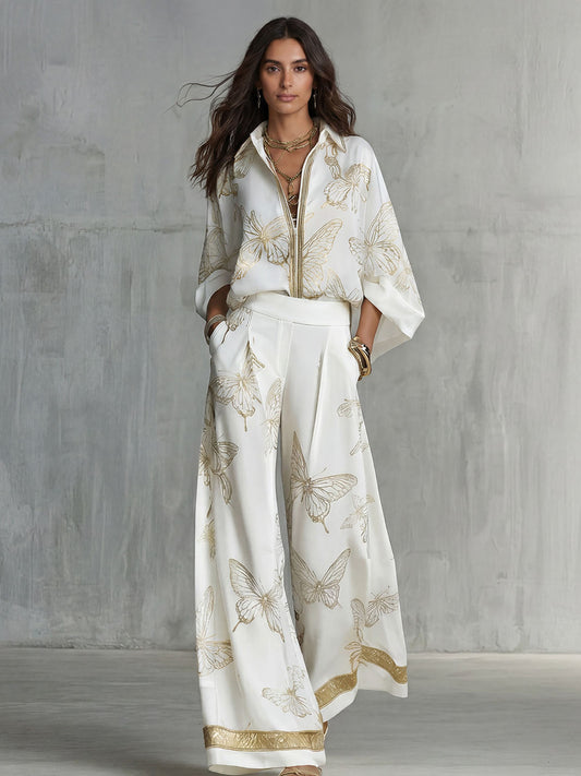 Casual Denim Batwing Asymmetrical Top & Wide Leg Pants Set