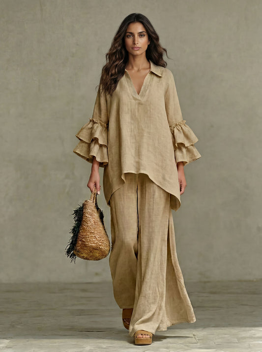 Casual Denim Batwing Asymmetrical Top & Wide Leg Pants Set