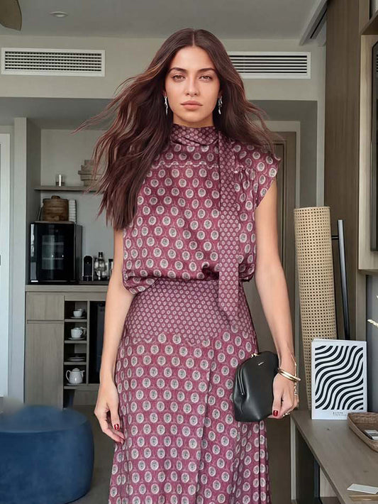 Retro Print Scarf Neck Top & Flowing Maxi Skirt Two-Piece Set