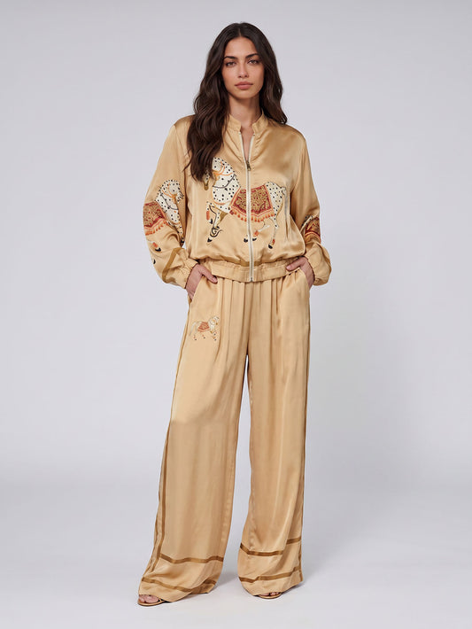 Exquisite Satin Horse Print Zip Jacket & Wide-Leg Pants Two-Piece Set