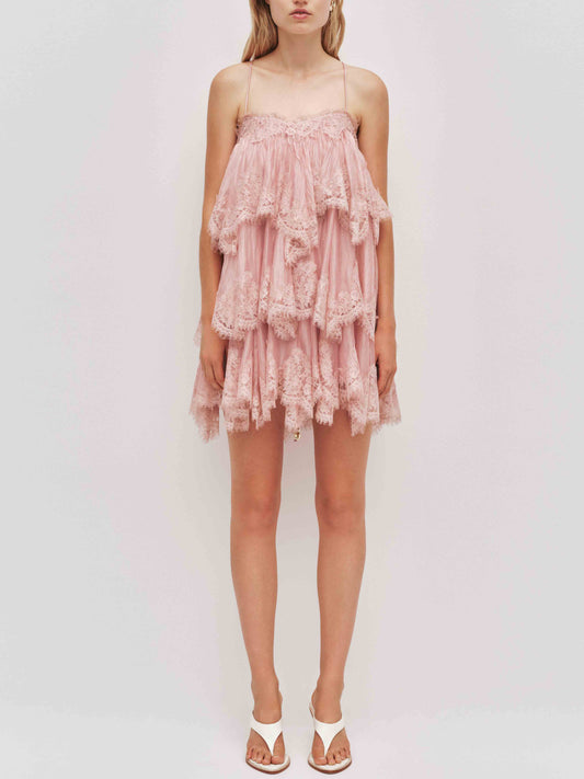 Elegant Layered Lace-Trim Spaghetti Strap Mini Dress