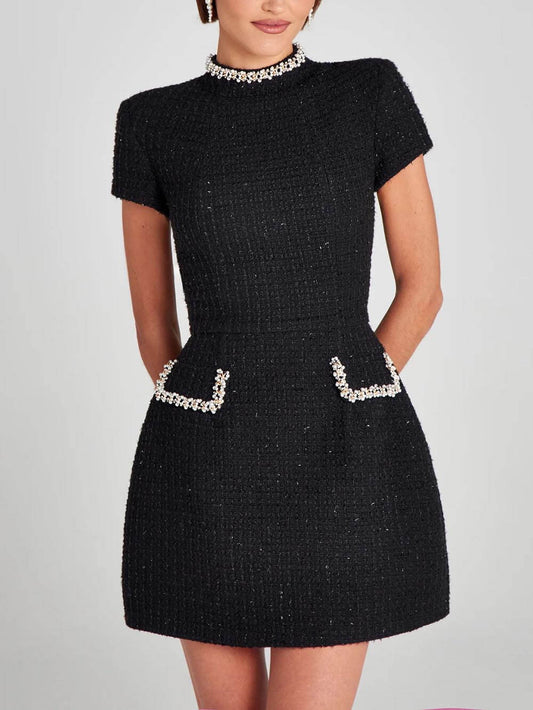 Pearl Trim Pocket Mini Dress, Summer Resort Beach Dress