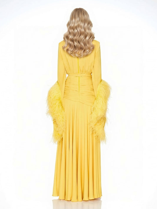 Elegant V-Neck Feather Cuff Flowing Chiffon Maxi Dress