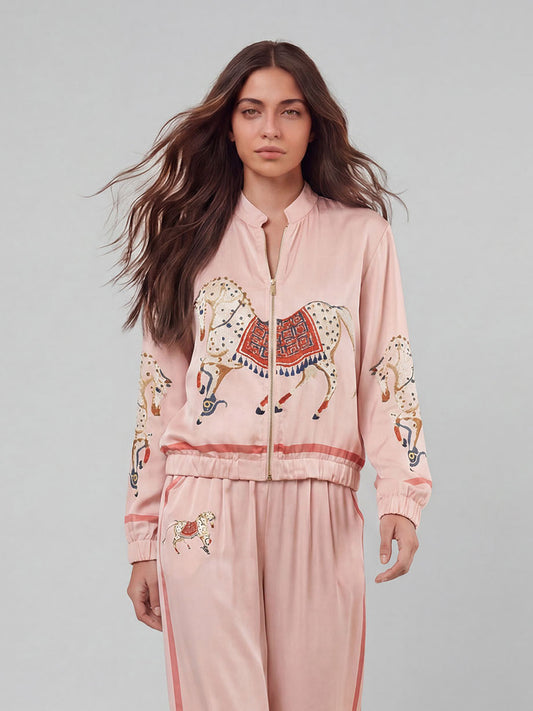 Exquisite Satin Horse Print Wide-Leg Pants