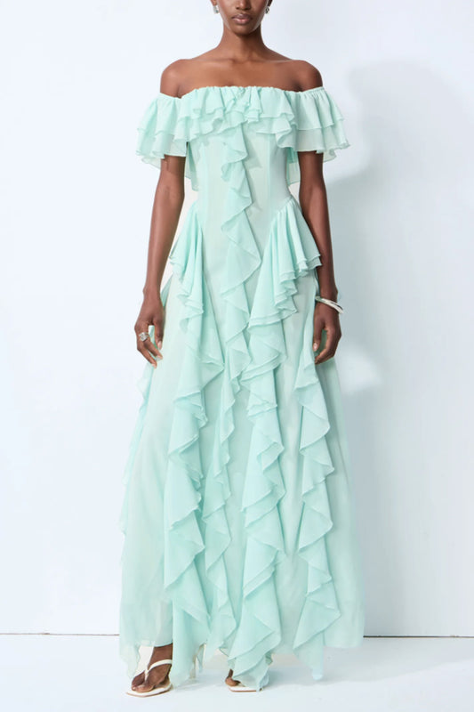 Off Shoulder Ruffled Chiffon Maxi Formal Dress
