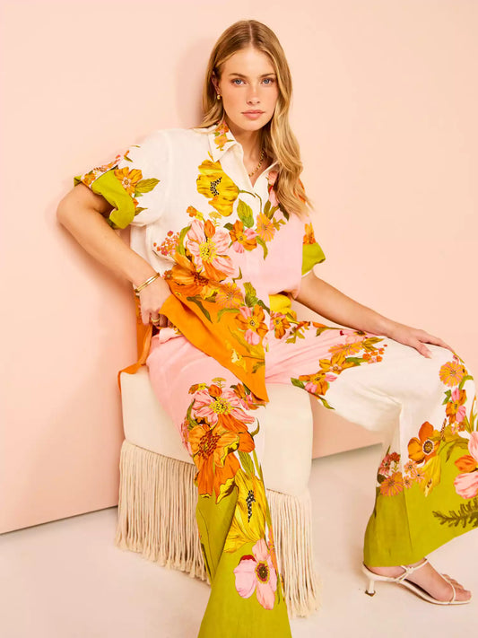 Unique Print Elastic Waist Wide Leg Pants Set, Summer Resort Vacation Outfit