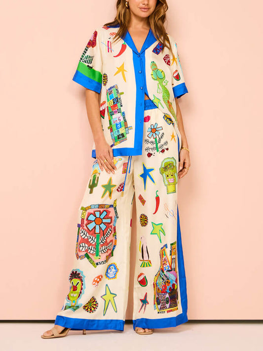EMIRA Printed Lace Wide-Leg Resort Two-Piece Set