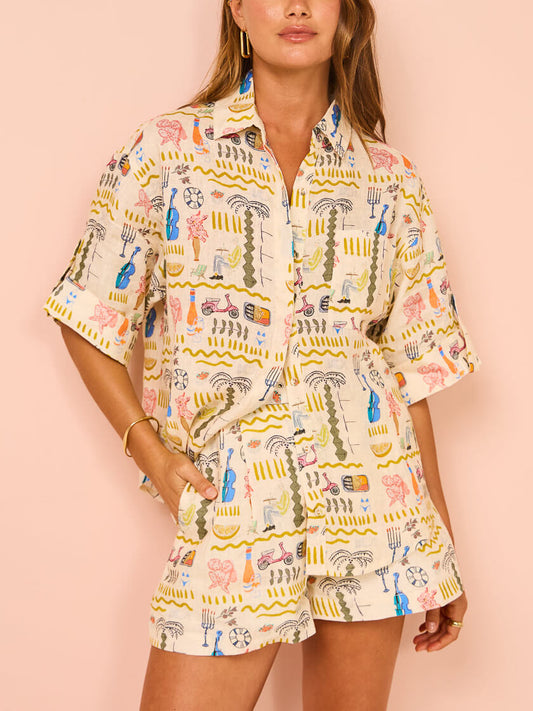 Resort Print Short-Sleeve Shirt and Shorts Set, Summer Beach Resort Outfit