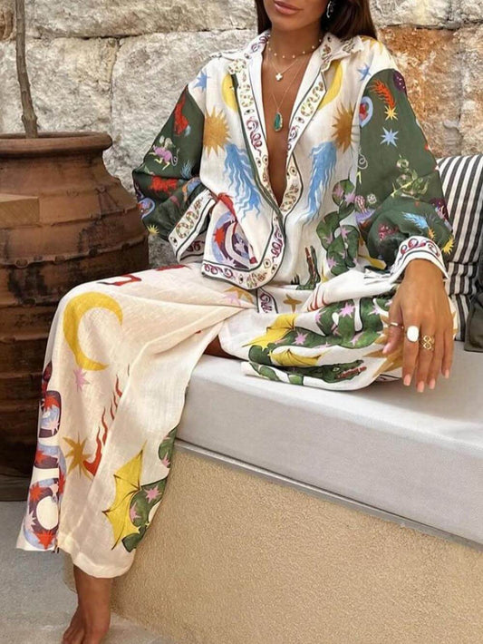 Printed Long Sleeve Shirt and Pants Set, Summer Resort Vacation Outfit