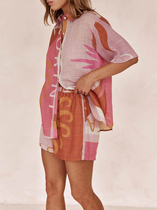 Bright Sun Loose Printed Resort Shorts Set, Summer Beach Resort Outfit