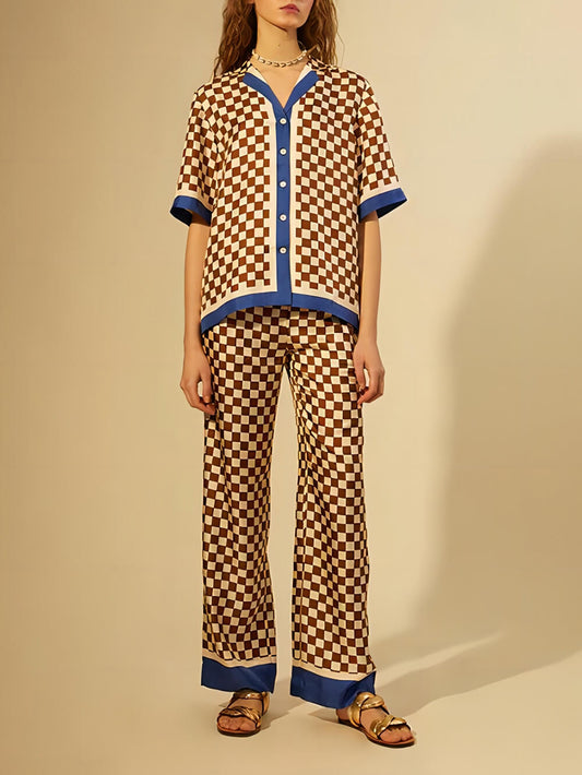 Wide-Leg Pants, Checkerboard Patchwork Print – Summer Resort Trousers