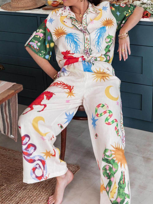 EMIRA Vibrant Print Short Sleeve Shirt Pants Set