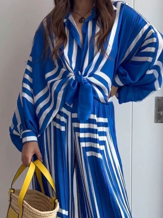 EMIRA Geometric Striped Lantern Sleeve Wide Leg Pant Set