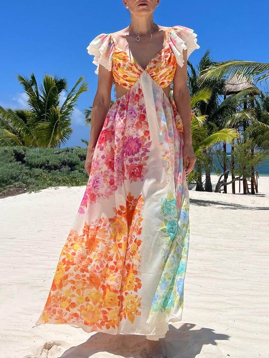 Floral Frill Cutout Back Tie-Up Maxi Dress, Summer Resort Beach Dress