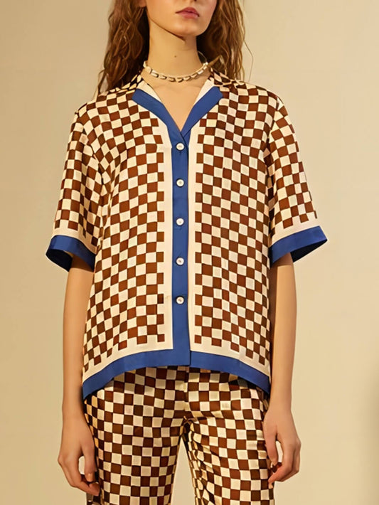 Wide-Leg Pants, Checkerboard Patchwork Print – Summer Resort Trousers