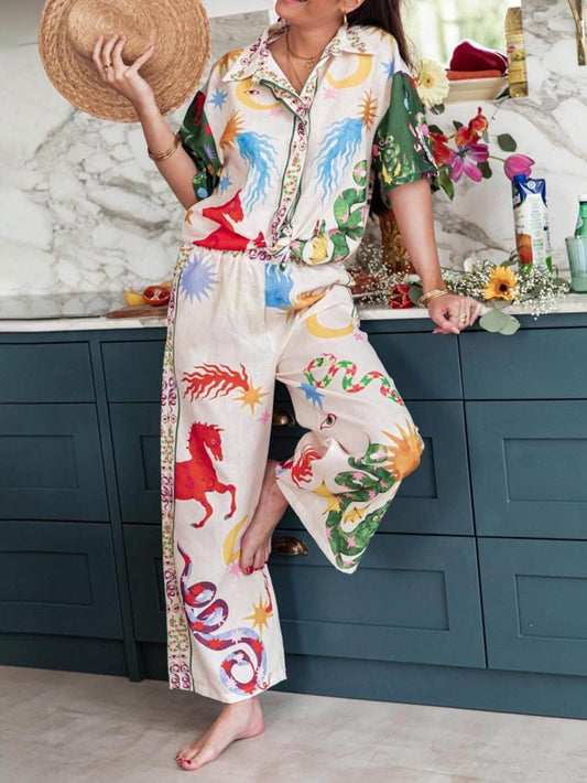 EMIRA Vibrant Print Short Sleeve Shirt Pants Set