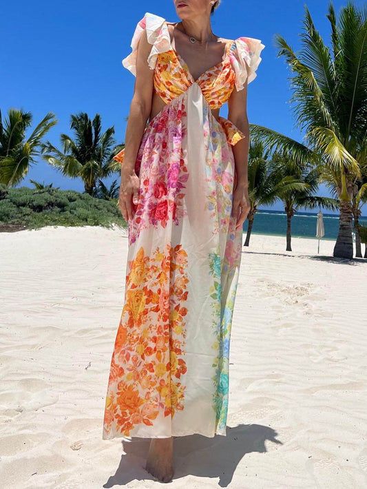 LORÉVA Floral Frill Cutout Back Tie-Up Maxi Dress