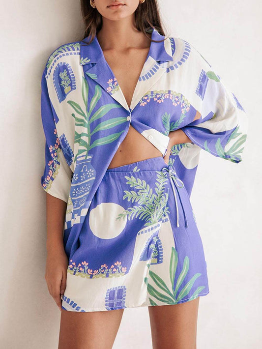 Printed Loose Shirt and Wrap Skirt Set, Summer Resort Two-Piece Outfit