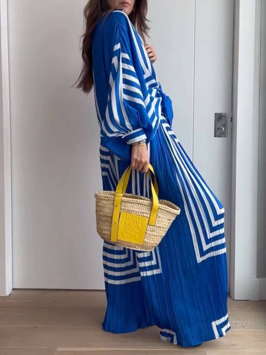 EMIRA Geometric Striped Lantern Sleeve Wide Leg Pant Set