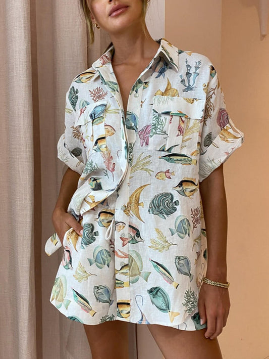 EMIRA Fish Print Tie-Dye Short Sleeve Shorts Set