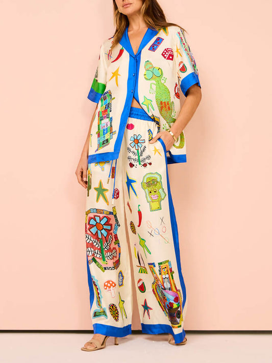 Printed Lace Wide-Leg Resort Two-Piece Set, Summer Beach Vacation Outfit