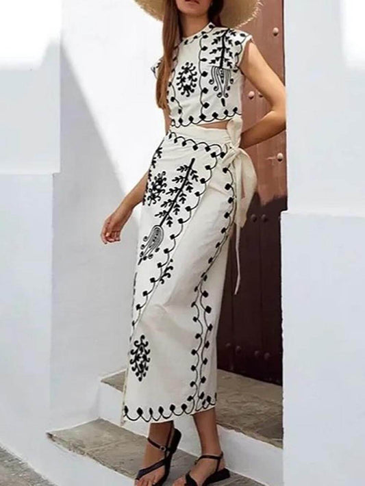 Ethnic Print Tie-Up Wrap Midi Skirt Set