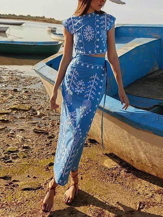 LORÉVA Ethnic Print Tie-Up Wrap Midi Skirt Set