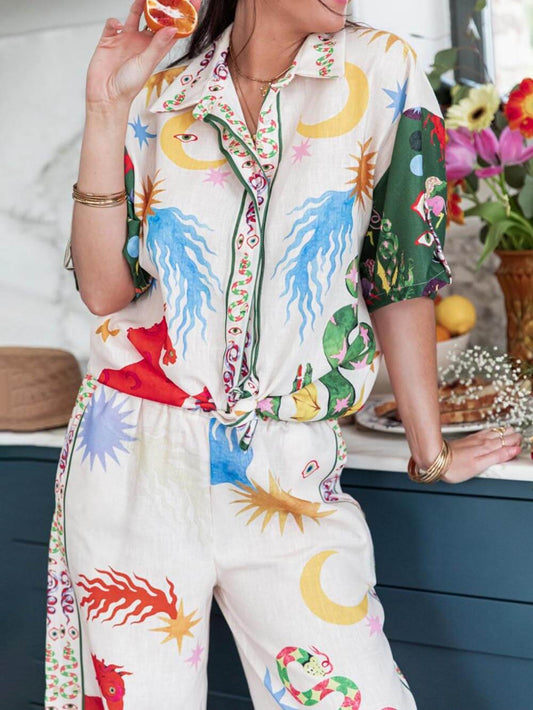 EMIRA Vibrant Print Short Sleeve Shirt Pants Set