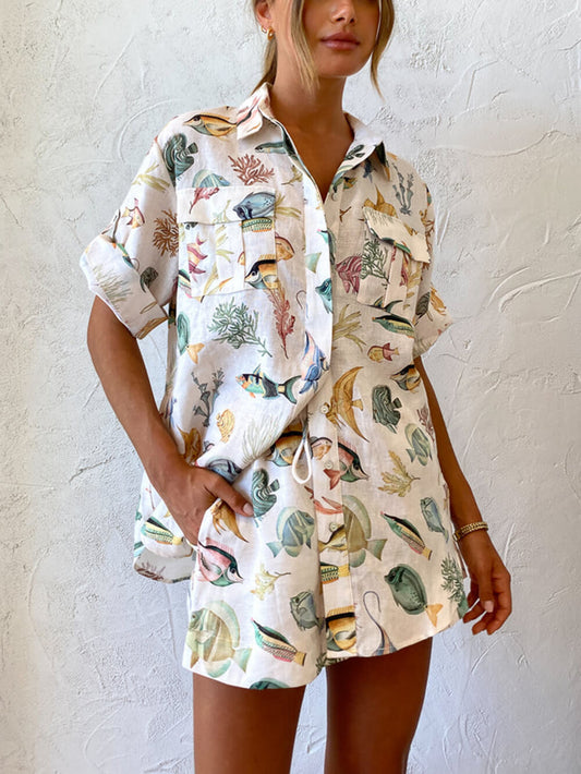 EMIRA Fish Print Tie-Dye Short Sleeve Shorts Set