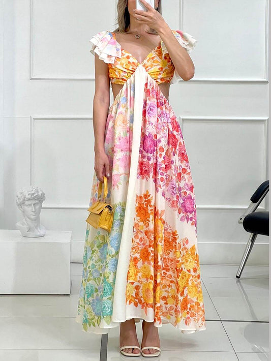 LORÉVA Floral Frill Cutout Back Tie-Up Maxi Dress