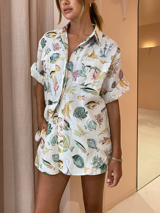 Fish Print Tie-Dye Short Sleeve Shorts Set, Summer Beach Resort Outfit
