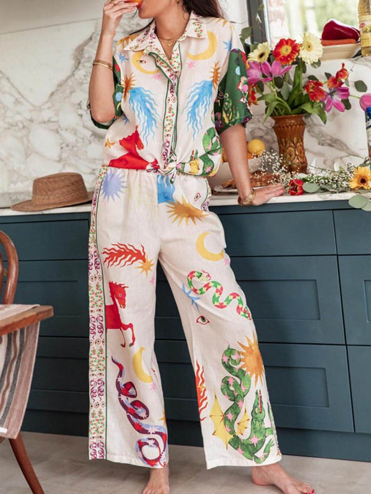 EMIRA Vibrant Print Short Sleeve Shirt Pants Set