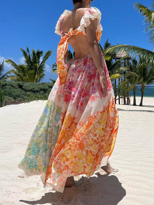 Floral Frill Cutout Back Tie-Up Maxi Dress, Summer Resort Beach Dress