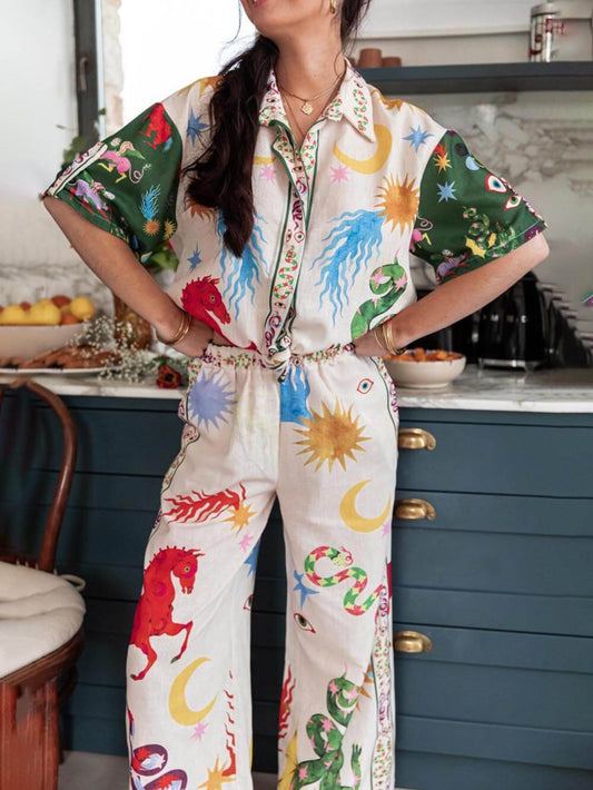 Vibrant Print Short Sleeve Shirt Pants Set, Summer Beach Resort Outfit