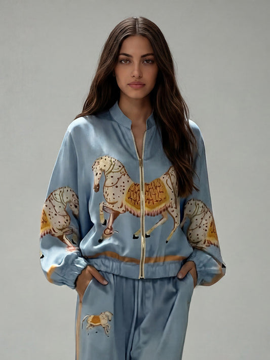 Exquisite Satin Horse Print Zip-Up Shirt