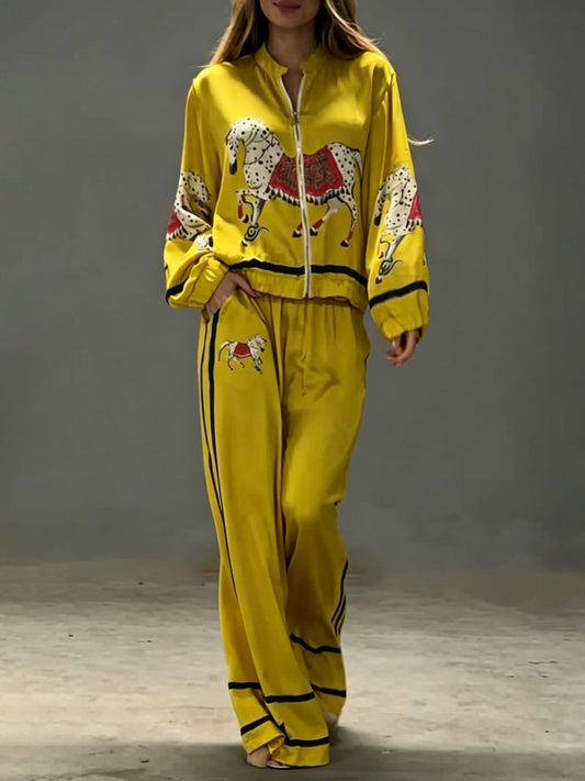 Exquisite Satin Horse Print Wide-Leg Pants