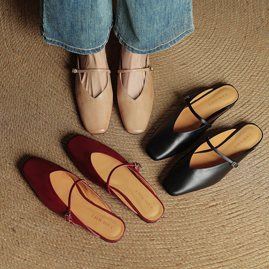 LORÉVA Leather Mary Jane Mules Square Toe