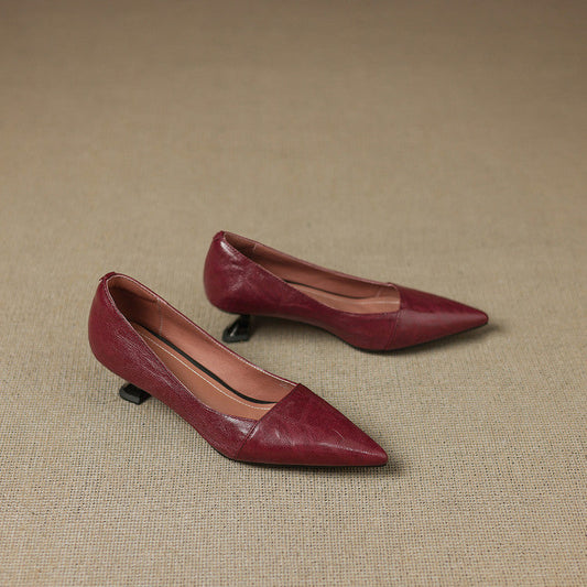 LORÉVA Distressed Leather Pointed-Toe Kitten Heel Pumps