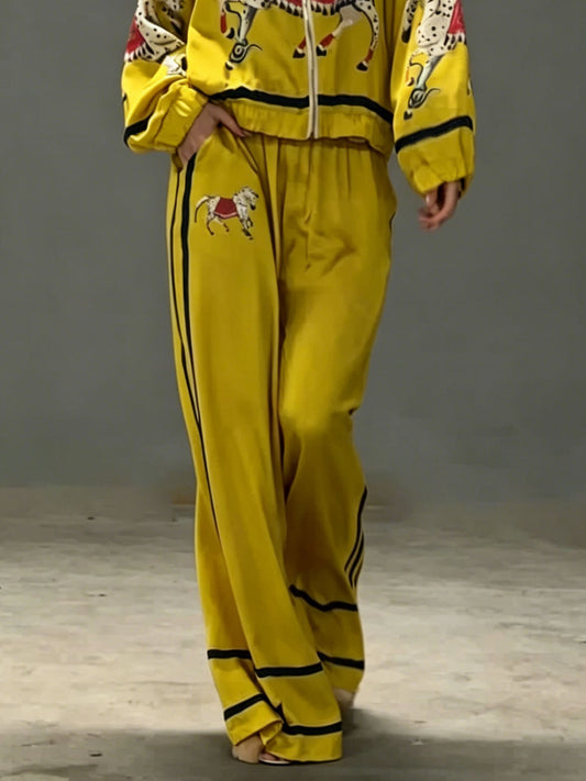 Exquisite Satin Horse Print Wide-Leg Pants