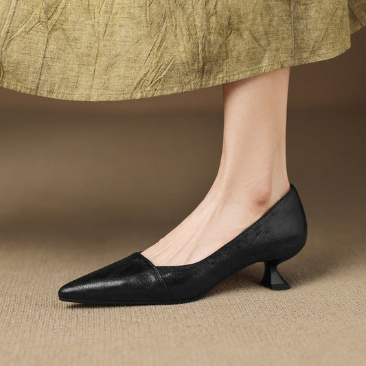 LORÉVA Distressed Leather Pointed-Toe Kitten Heel Pumps