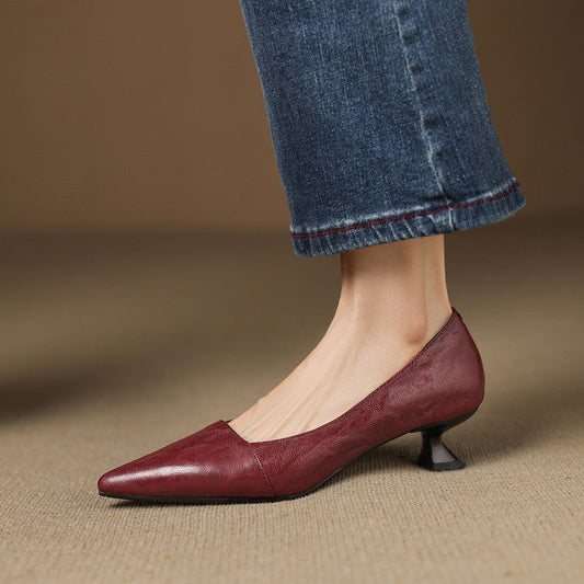 LORÉVA Distressed Leather Pointed-Toe Kitten Heel Pumps