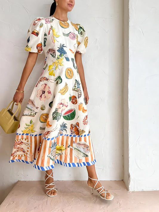 Graffiti Print Round Neck Slim Fit Maxi Dress, Summer Resort Beach Dress