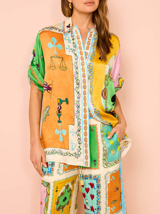 Summer Print Elastic Waist Wide Leg Pants, Summer Resort Beach Trousers
