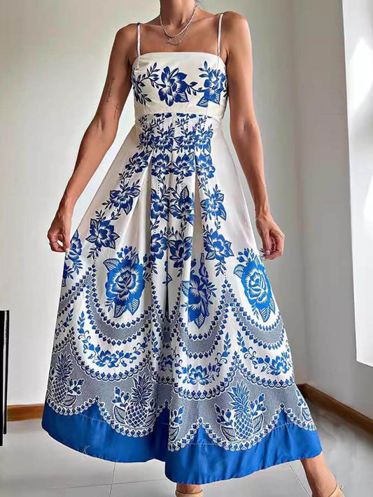 Floral Ethnic Print Smocked Back Maxi Dress, Summer Resort Beach Dress